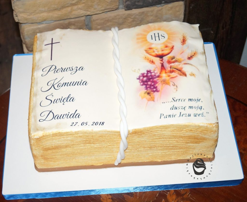 tost książka pierwsza komunia święta, wydruk prostokąt duży tort komunijny